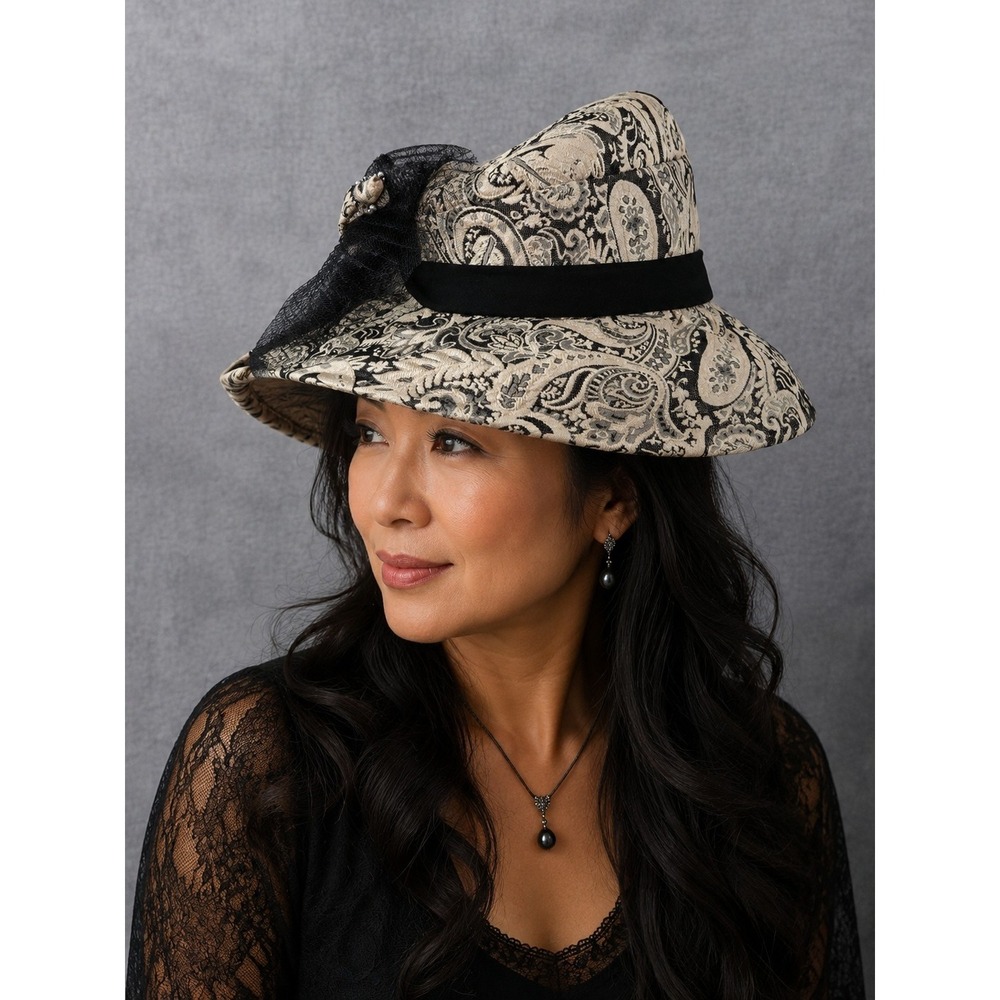 Moshita Couture Beige Black Paisley Church Derby Hat Netting Rhinestone